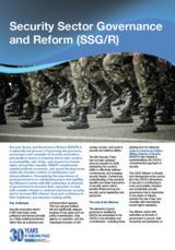 Soldiers in camouflage march in formation; text about security sector governance and reform below.