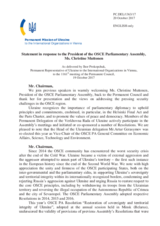 Statement by the Delegation of Ukraine in response to the address by the President of the OSCE Parliamentary Assembly, H.E. Christine Muttonen