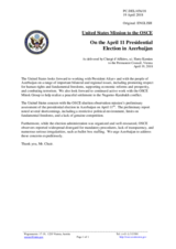 Statement by the Delegation of the United States of America on the early presidential election in Azerbaijan, held on 11 April 2018