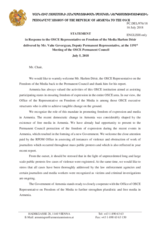 Statement by the Delegation of Armenia in response to the report by the OSCE Representative on Freedom of the Media, Mr. Harlem Désir