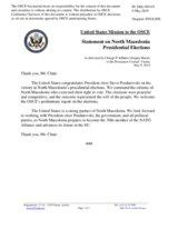 Statement by the Delegation of the United States of America on the second round of the North Macedonian presidential election, held on 5 May 2019