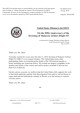 Statement by the Delegation of the United States of America on the 5th anniversary of the downing of Malaysia Airlines flight MH17 on 17 July 2014
