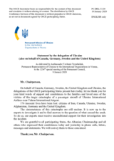 Statement by the Delegation of Ukraine, also on behalf of Canada, Germany, Sweden and the United Kingdom, on support and condolences regarding the tragic catastrophe of a passenger aircraft of Ukraine International Airlines near Tehran, Iran