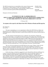 Statement by the Delegation of the Russian Federation in response to the report by the Head of the OSCE Mission to Bosnia and Herzegovina, Ambassador Kathleen Kavalec