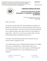 Statement by the Delegation of the United States of America on the International Day against Homophobia, Transphobia and Biphobia, observed on 17 May 2020