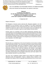 Statement by the Delegation of Armenia in response to the address by the President of the OSCE Parliamentary Assembly, H.E. Ms. Margareta Cederfelt
