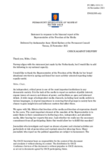 Statement by the Delegation of Norway in response to the report by the OSCE Representative on Freedom of the Media, Ms. Teresa Ribeiro