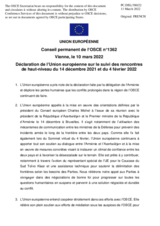 Déclaration de l’Union européenne sur le suivi des rencontres de haut-niveau du 14 décembre 2021 et du 4 février 2022
