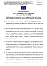 Statement by the Czech EU Presidency in response to the report by the Head of the OSCE Mission in Kosovo, Ambassador Michael Davenport