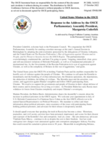 Statement by the Delegation of the United States of America in response to the address by the President of the OSCE Parliamentary Assembly, H.E. Ms. Margareta Cederfelt