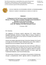 Statement by the Delegation of Armenia in response to the address by the Chair of the Committee of Ministers of the Council of Europe, Minister for Foreign Affairs of Iceland, H.E. Ms. Thórdís Kolbrún Reykfjörd Gylfadóttir