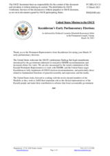 Statement by the Delegation of the United States of America on the results of the early parliamentary elections in Kazakhstan, held on 19 March 2023