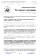 Statement by the Delegation of the United States of America in response to the address by the President of the OSCE Parliamentary Assembly, Ms Pia Kauma