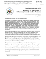 Statement by the Delegation of the United States of America in response to the address by the President of the OSCE Parliamentary Assembly, Ms Pia Kauma