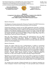 Statement by the Delegation of Armenia in response to the address by the President of the OSCE Parliamentary Assembly, Ms Pia Kauma