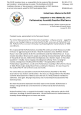 Statement by the Delegation of the United States of America in response to the address by the President of the OSCE Parliamentary Assembly, H.E. Ms. Pia Kauma