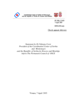 Statement by Dr. Nebojsa Covic, President of the Coordination Center of Serbia and Montenegro and the Republic of Serbia for Kosovo and Metohija