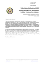 Statement by the Delegation of the United States of America on release of Turkmen political dissident Durdykuliev