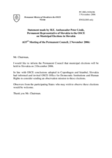 Statement by the Delegation of Slovakia about the Municipal Elections in Slovakia that will be held on 2 December 2006