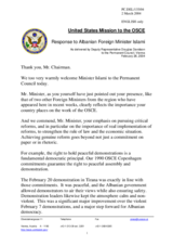 Statement by the Delegation of the United States in response to the address made by the Minister of Foreign Affairs of Albania, H.E. Dr. Kastriot Islami