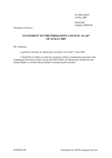 Statement by the Delegation of France about the French legislative elections taking place in France on the 10th and 17th of June 2007