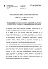 Statement by the German Presidency of the European Union in response to the Head of the OSCE Office in Yerevan, Ambassador Vladimir Pryakhin concerning current Armenian affairs
