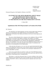Statement by the Delegation of Belarus on welcoming the new OSCE Representative on Freedom of the Media, Mr. Miklós Haraszti