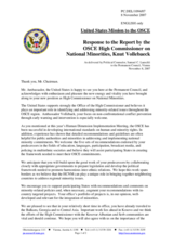 Statement by the United States in Response to the Report by the OSCE High Commissioner on National Minorities, Knut Vollebaeck