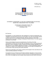 Statement by the Delegation of Norway in Response to the Address of the OSCE High Commissioner on National Minorities, Ambassador Knut Vollebaek