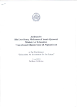 Address by Mohammed Yunis Qanooni, Minister of Education of Afghanistan Address by Mohammed Yunis Qanooni, Minister of Education of Afghanistan