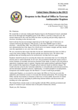 Statement by the Delegation of the United States in response to the report by the Head of the OSCE Office in Yerevan, Ambassador Sergey Kapinos