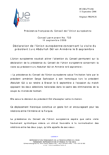 Statement by the French Presidency of the Council of the European Union on visit of President of Turkey to Armenia