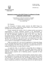 Statement by the Delegation of Ukraine in response to the report by the OSCE Project Co-ordinator in Ukraine, Ambassador Lubomir Kopaj