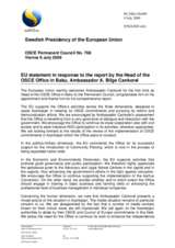 Statement by the Swedish Presidency of the Council of the European Union in response to the report by the Head of the OSCE Office in Baku, Ambassador Bilge Cankorel