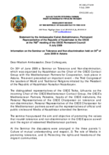 Statement by the Delegation of Kazakhstan on the Seminar on Tolerance and Non-discrimination held on 30 June 2009 in Astana