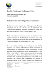 Statement by the Swedish Presidency of the Council of the European Union on the Law "On amendments to some legislative acts of the Republic of Kazakhstan concerning information and communication networks"