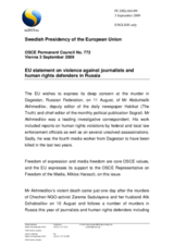 Statement by the Swedish Presidency of the Council of the European Union on violence against journalists and human rights defenders in the Russian Federation