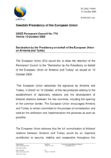 Statement by the Swedish Presidency of the Council of the European Union on Armenia and Turkey