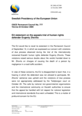 Statement by the Swedish Presidency of the Council of the European Union on the appeals trial of a human rights defender in Kazakhstan