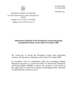 Statement by the Delegation of Romania on presidential elections in Romania to be held on 22 November 2009