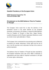 Statement by the Swedish Presidency of the Council of the European Union on the 2009 Sakharov Prize for Freedom of Thought
