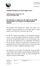 Statement by the Swedish Presidency of the Council of the European Union in response to the report by the OSCE Representative on Freedom of the Media, Miklos Haraszti