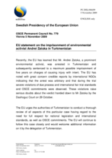 Statement by the Swedish Presidency of the Council of the European Union on the imprisonment of an environmental activist in Turkmenistan