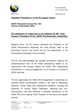 Statement by the Swedish Presidency of the Council of the European Union in response to the address by the President of the OSCE Parliamentary Assembly, João Soares