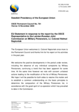 Statement by the Swedish Presidency of the Council of the European Union in response to the report by the OSCE Representative to the Latvian-Russian Joint Commission on Military Pensioners, Lt. Colonel Helmut Napiontek