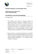 Statement by the Swedish Presidency of the Council of the European Union on the 2010 Unified Budget