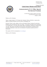 Statement by the Delegation of the United States on the major policy address on Internet freedom by Secretary of State Hillary Rodham Clinton