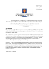 Statement by the Delegation of Norway on the decision of the Russian State Duma and Federation Council to approve ratification of Protocol 14 to the European Convention on Human Rights