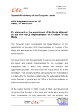 Statement by the Spanish Presidency of the Council of the European Union on the appointment of the new Representative on Freedom of the Media, Dunja Mijatovic