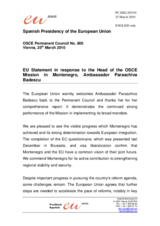 Statement by the Spanish Presidency of the Council of the European Union in response to the report by the Head of the OSCE Mission to Montenegro, Ambassador Paraschiva Badescu